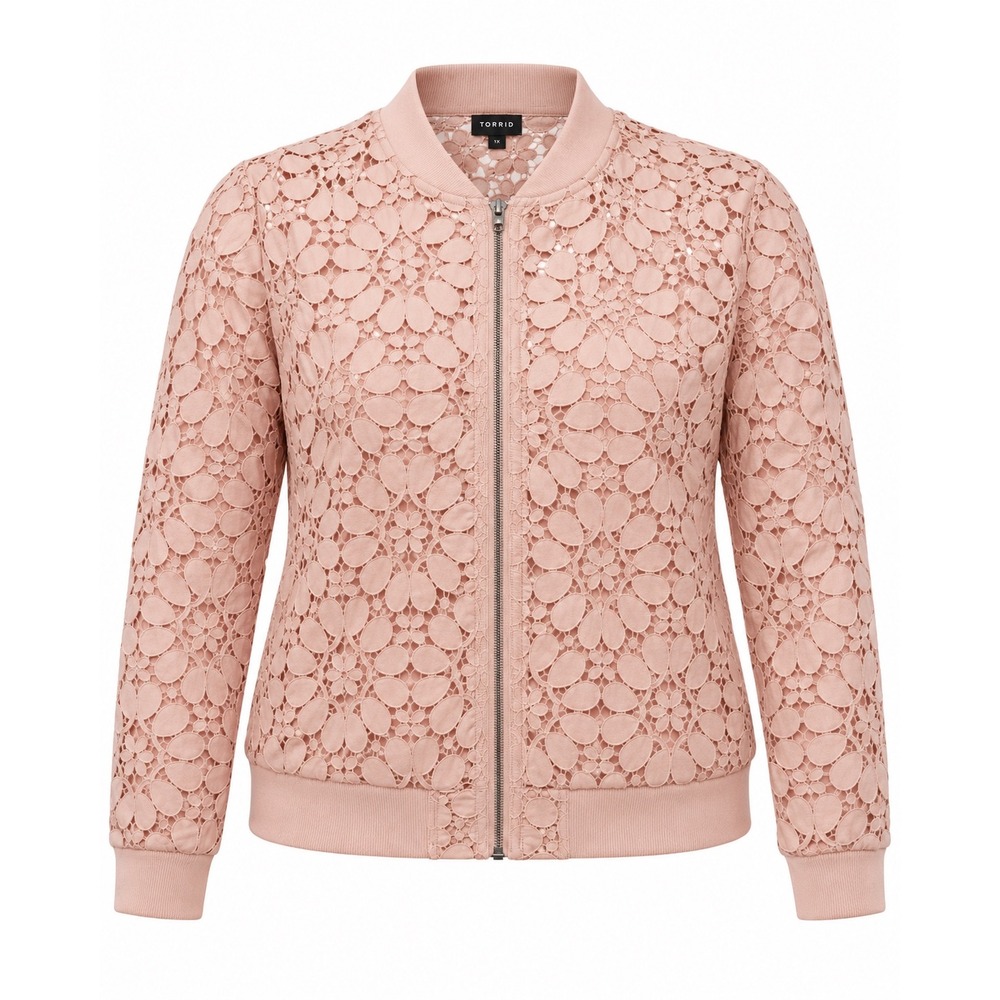 Torrid Womens Plus Size 1 Floral Lace Bomber Jacket Blush Pink Full Zip 0037